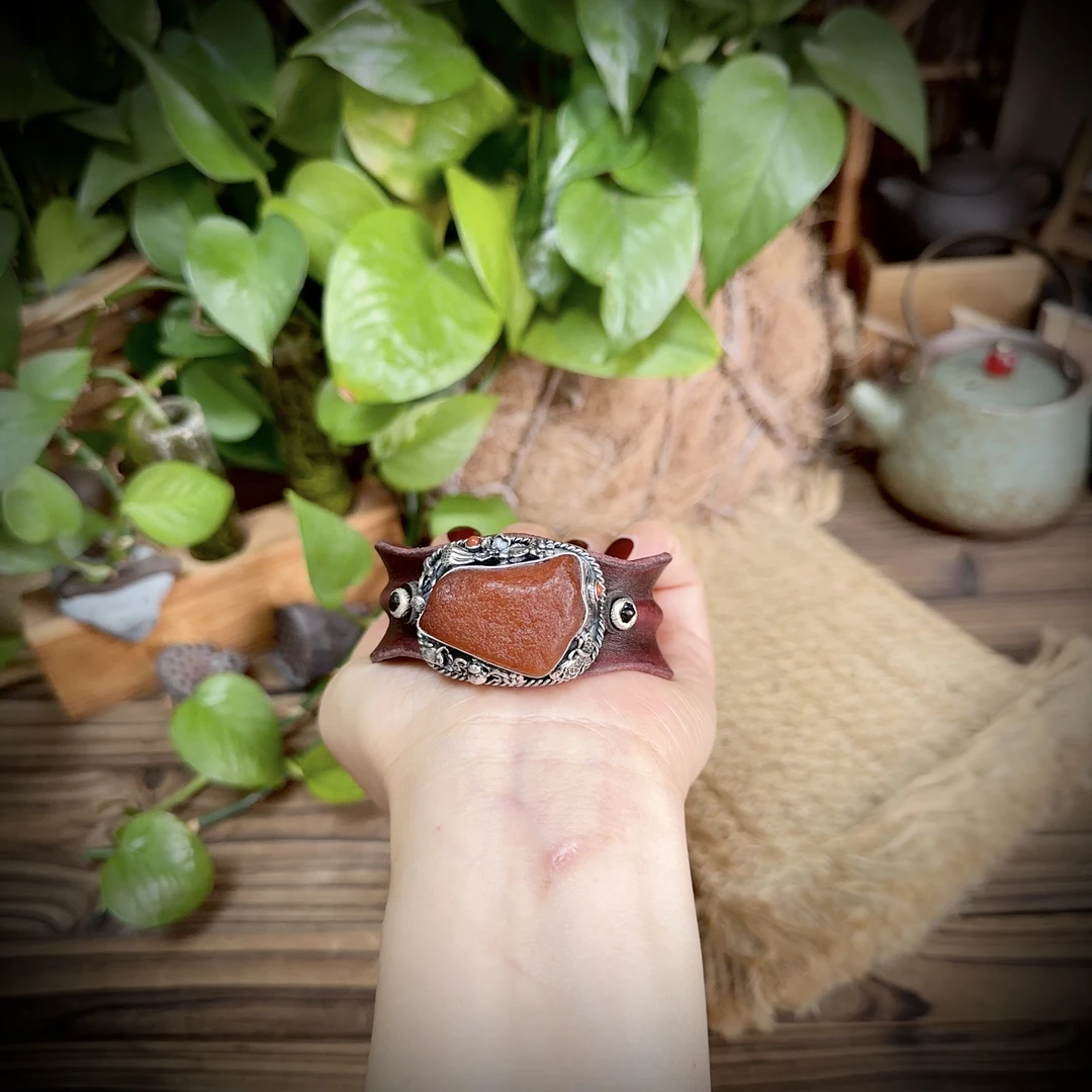 【古香古色】原创复古s925银蜜蜡琥珀皮手镯（圈口可调节）