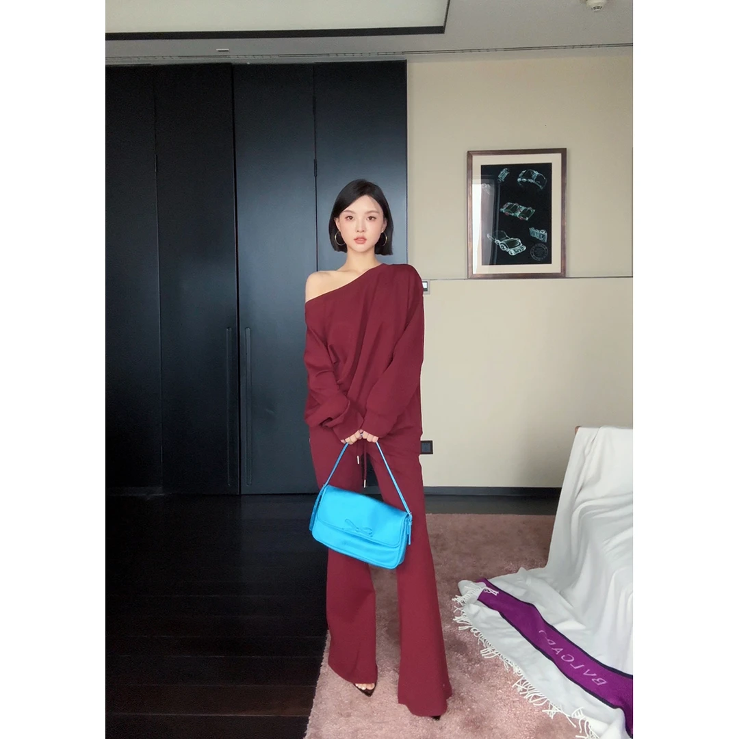 FORNI 复古明媚感 慵懒喇叭裤套装显瘦气质时尚宽松百搭红色