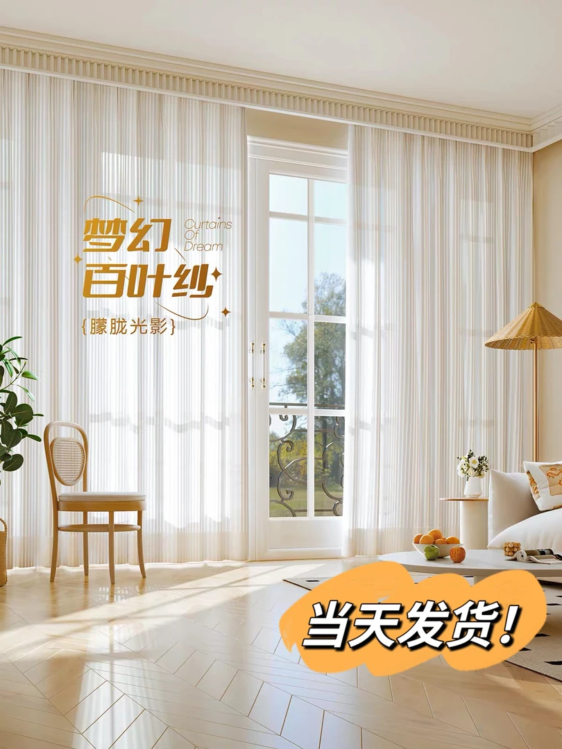 网红竖百叶纱白纱窗帘透光不透人阳台飘窗白色新款梦幻窗纱纱帘