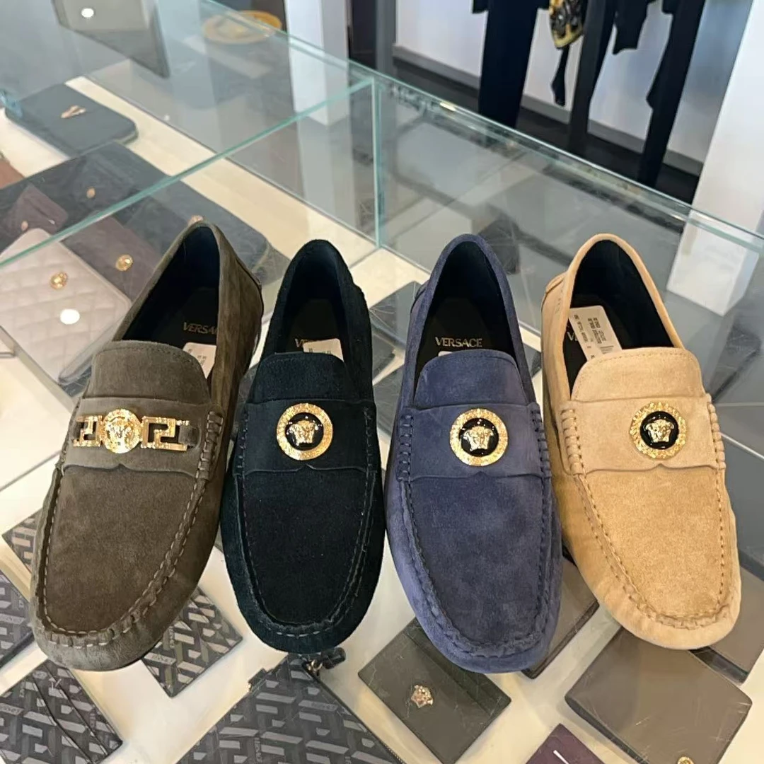 未使用 VERSACE/范思哲 男鞋真皮鞋子美杜莎金扣麂皮豆豆鞋多色