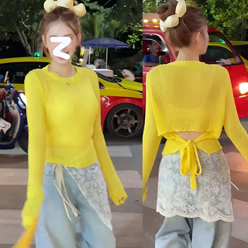 时髦多巴胺黄色绑带防晒针织罩衫女2025夏季新款今年流行透气外搭