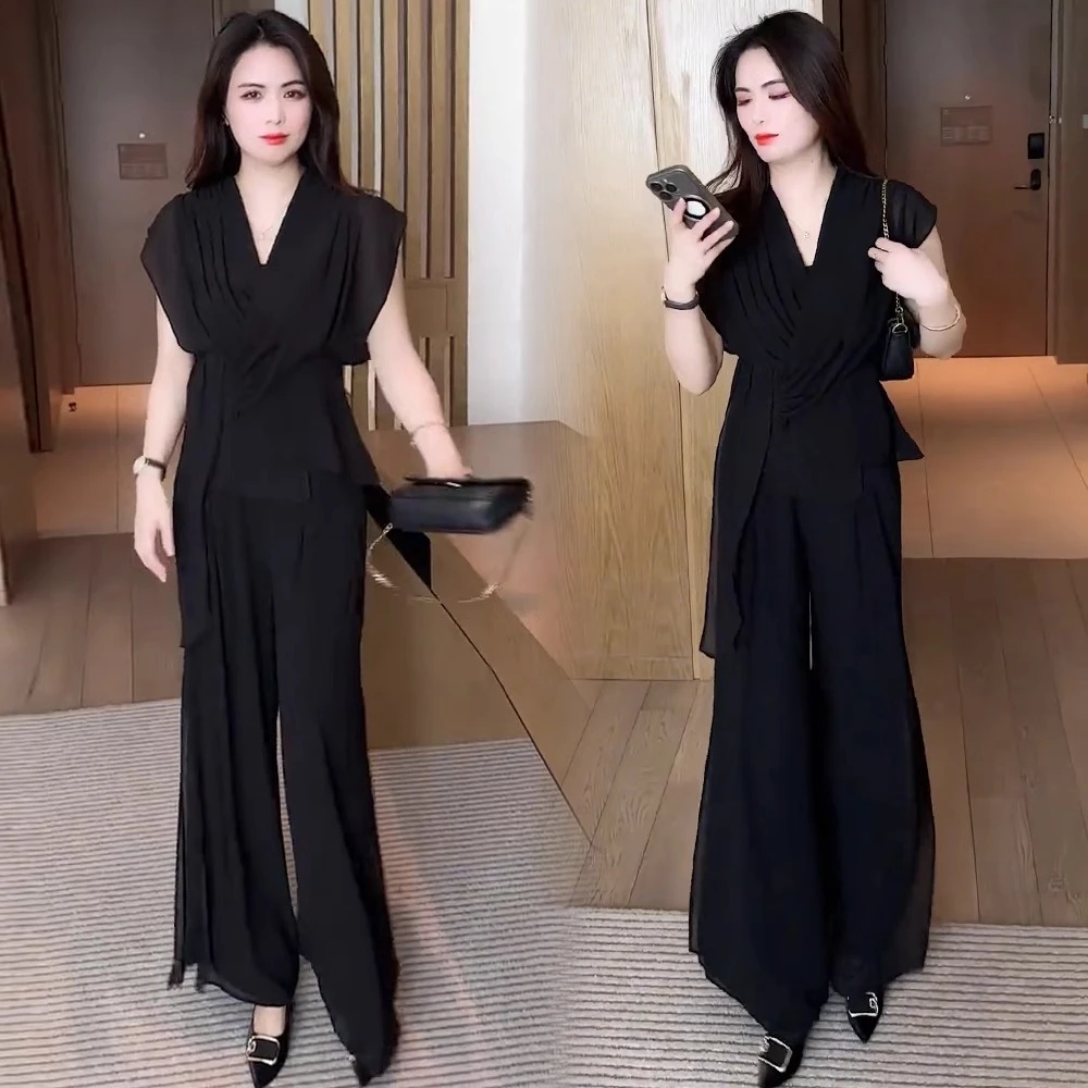 时尚套装女2025夏季新款气质V领收腰短袖上衣阔腿裤高级感两件套