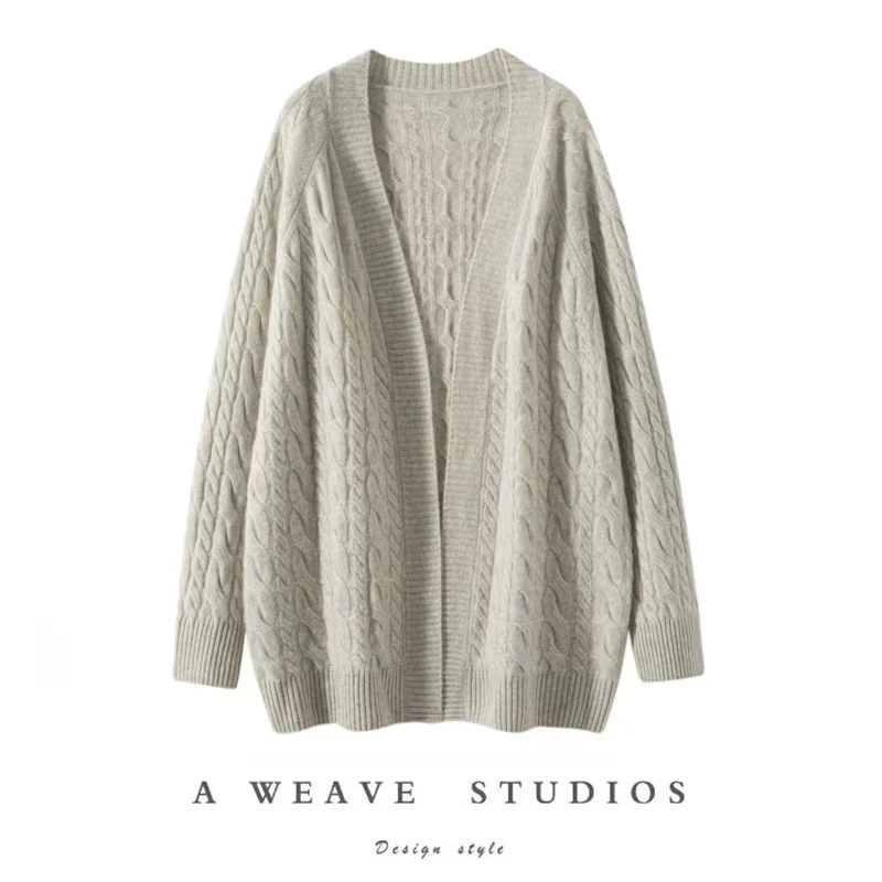 重磅V领慵懒风潮流山羊绒开衫加厚宽松绞花针织衫外套上衣女