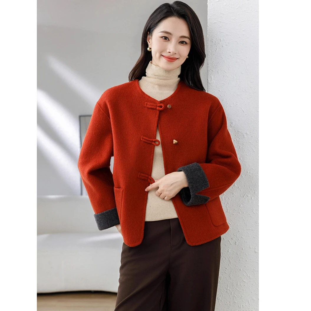 新款新中式拼色双面羊毛外套女上衣秋冬羊毛呢大衣精品女装短款