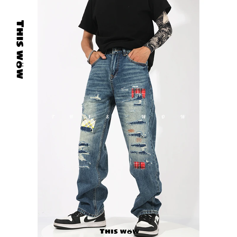 THIS WOW美式休闲痞帅复古破洞补丁刺绣牛仔裤男直筒宽松裤子
