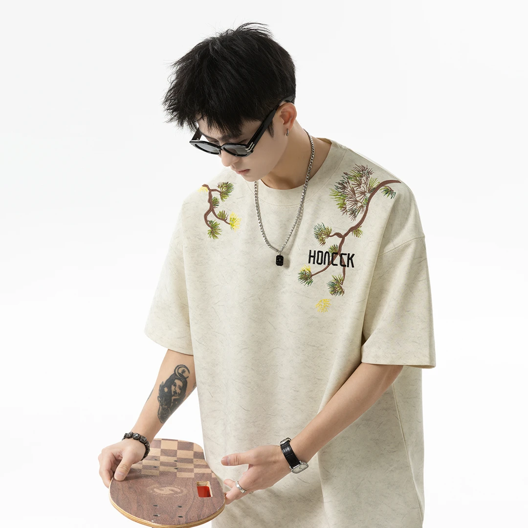 V37 冰感国风刺绣t恤男短袖夏潮牌痞帅重磅砂新中式五分袖体恤