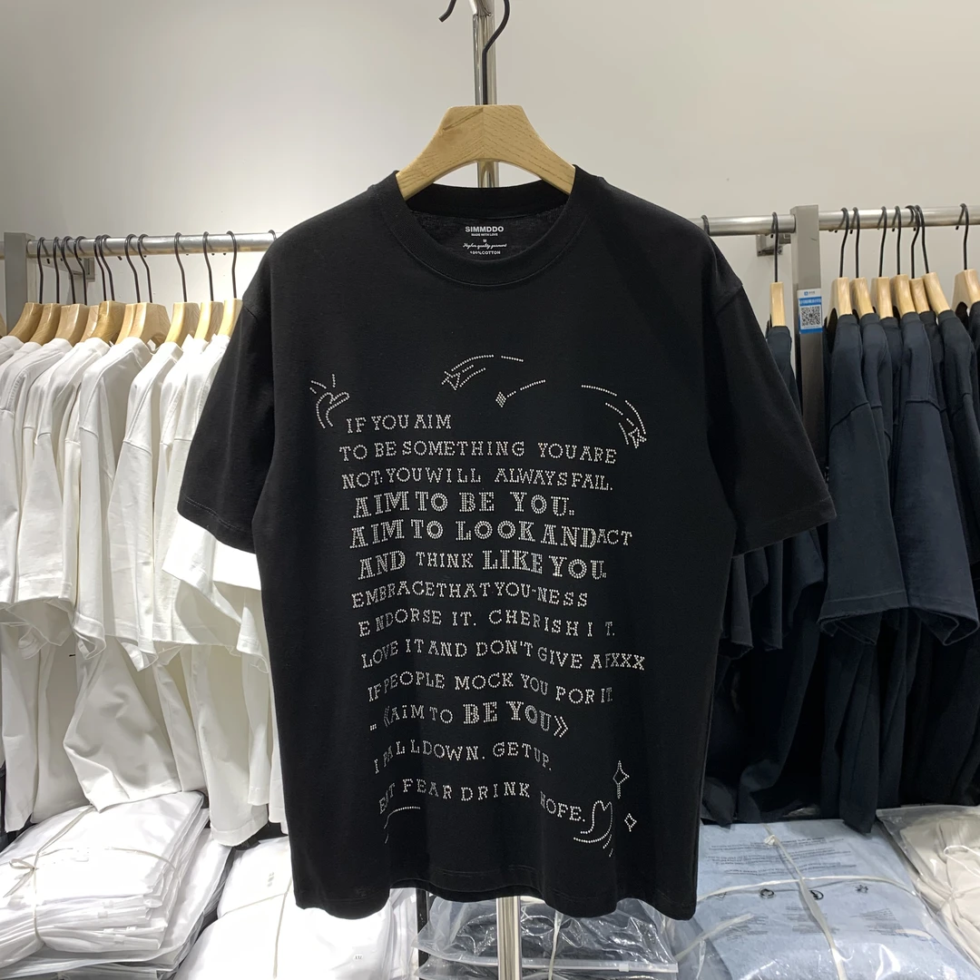 重磅260克纯棉纯色男圆领短袖T恤烫钻宽松百搭时尚潮流时尚情侣T