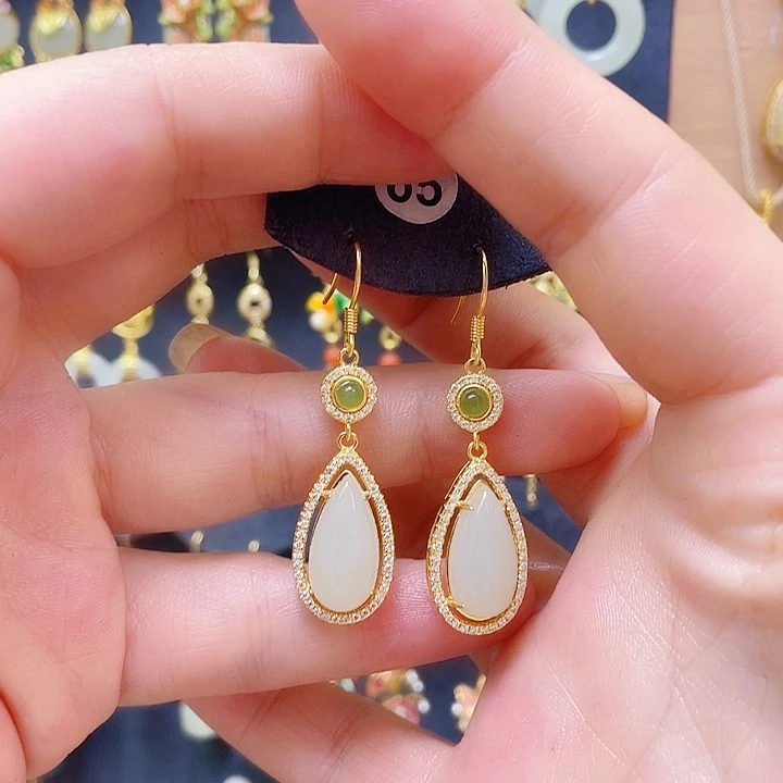 和田玉银S925镀金镶嵌耳饰