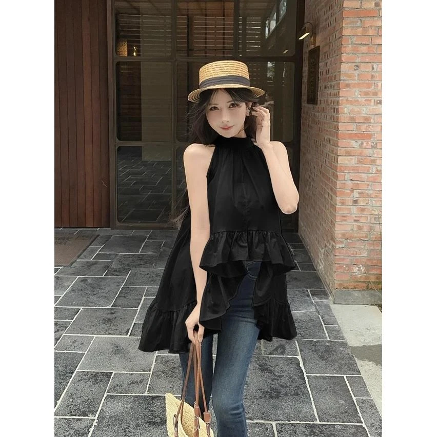 不规则荷叶边挂脖吊带背心女外穿2025泰式辣妹无袖抹胸小上衣衬衫