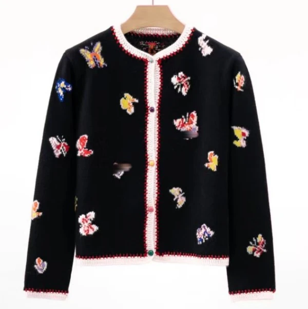 【墨上蝶舞】2025春季新款时尚宽松蝴蝶刺绣针织开衫Y8221