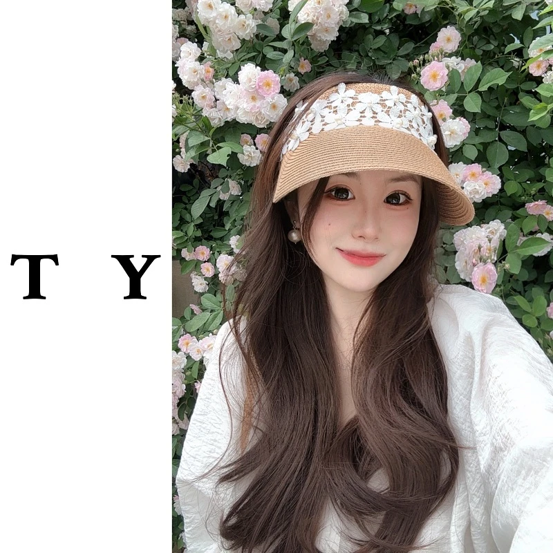 2025新款田园风草帽女夏季扎马尾蕾丝花朵草编发箍空顶帽