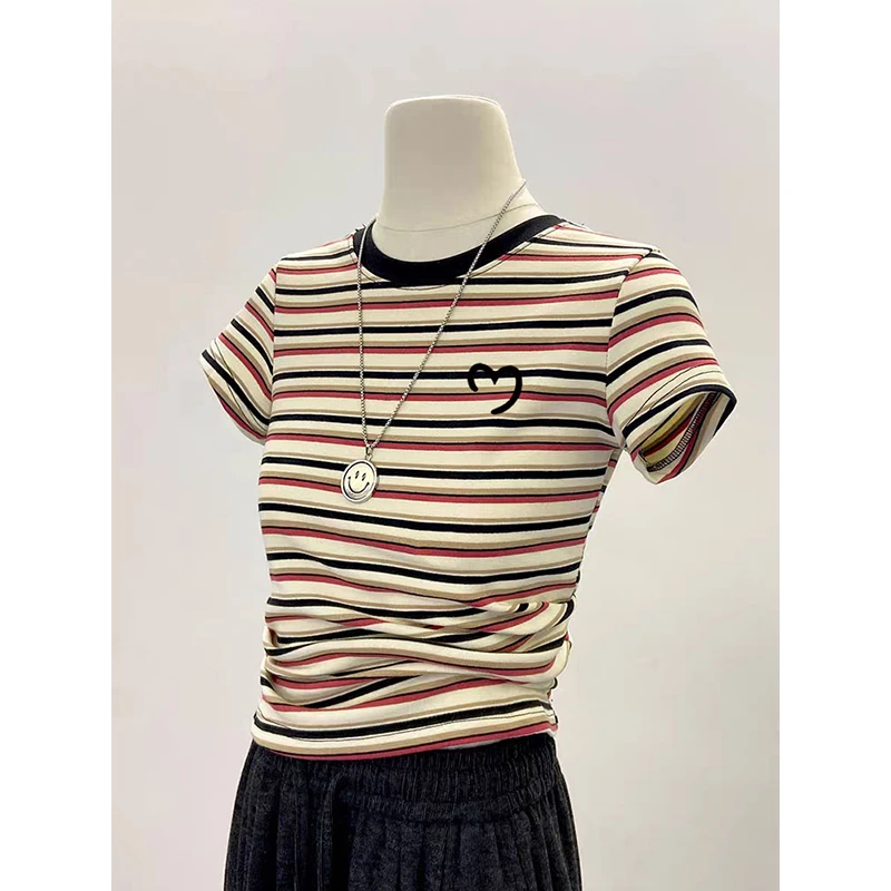 领口拼色圆领条纹短袖t恤女2025新款时尚洋气韩版上衣打底衫夏季