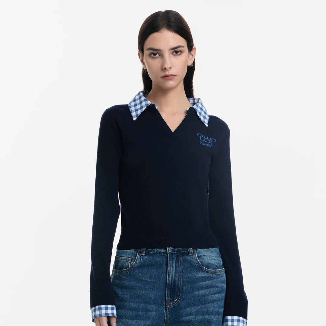 CALLED BACK针织衫女秋季新款百搭显瘦格子拼接翻领长袖上衣