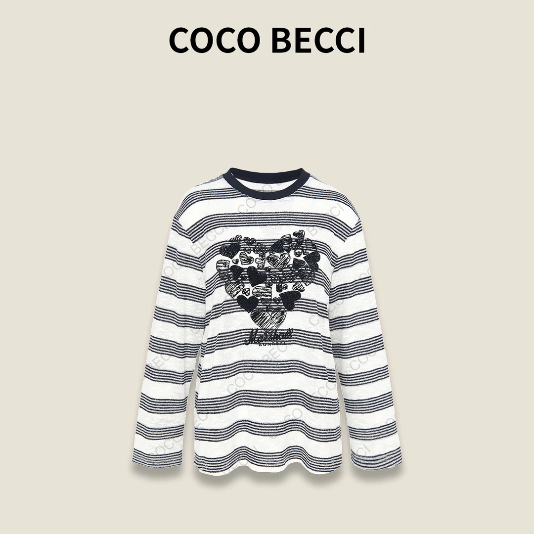 COCO BECCI【爱心T】条纹绣花T恤YT25JS230002