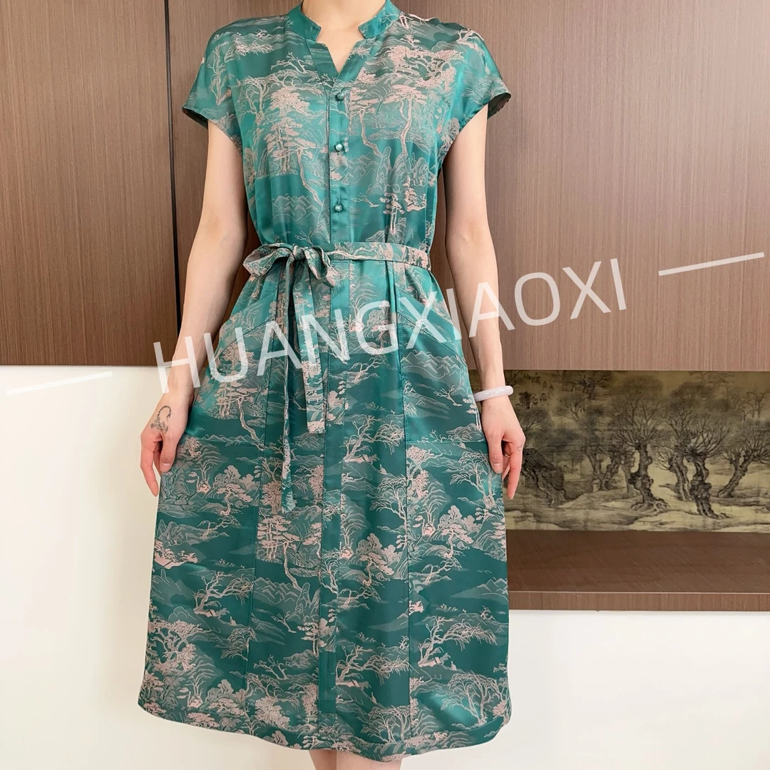 HUANGXIAOXI 风华绝代蓝粉山水图色织单层双面双穿连衣裙ZF-230