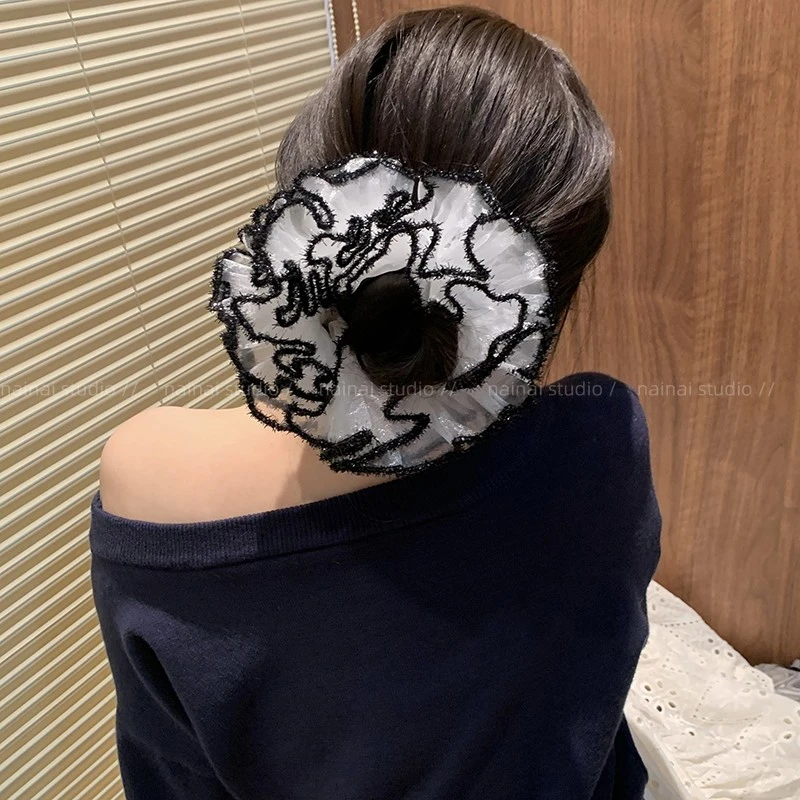 法式玫瑰黑色毛边大肠发圈多层低马尾丸子头发绳扎头发气质头绳