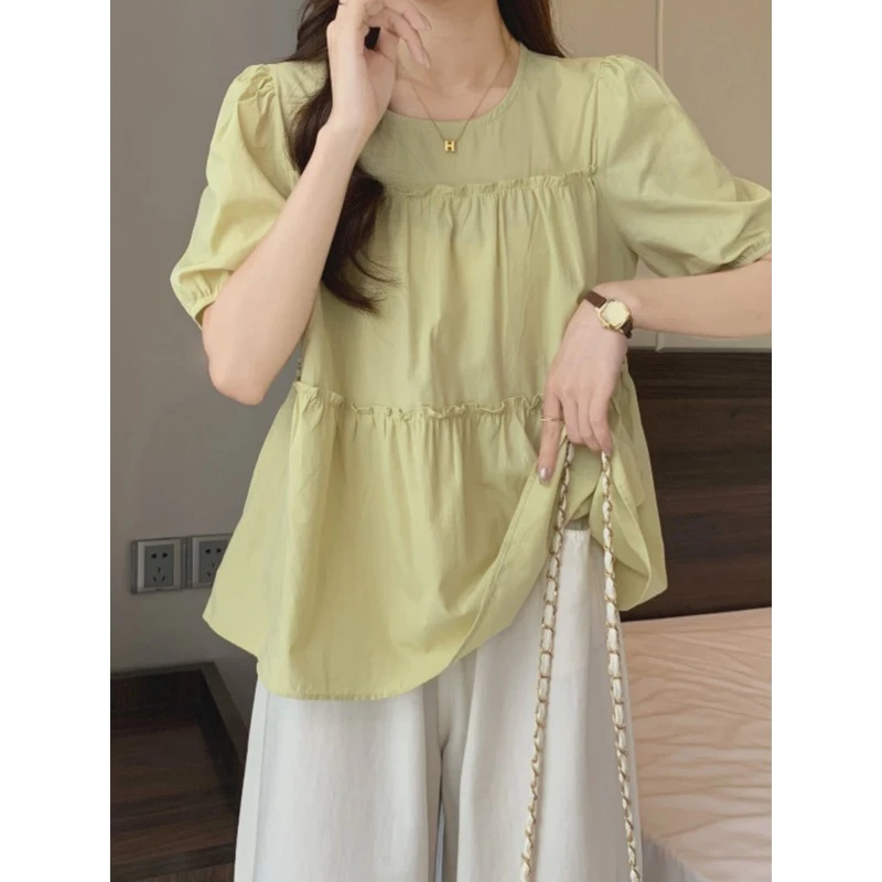 多巴胺甜美短袖衬衫女夏季大码今年流行遮肚子小衫娃娃衫上衣新款