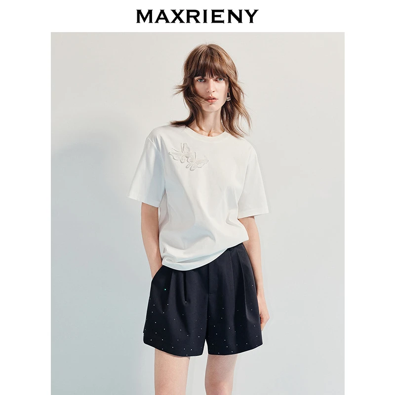 【蜜思仝】MAXRIENY2025年新款T恤蝴蝶仙子刺绣印花百搭款