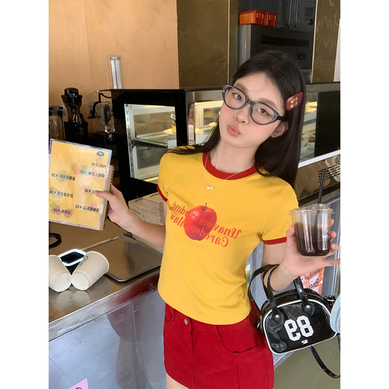 宋正恩圆领正肩短袖t恤女夏苹果印花修身显瘦短款半袖上衣ZE7322