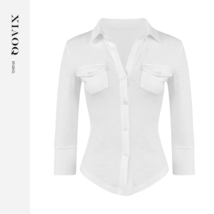 【小Q家】10477时尚简约七分袖衬衫+短裤套装T