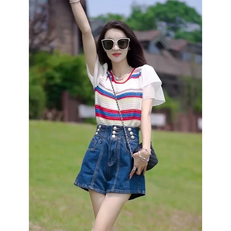 蕾丝袖镂空针织T恤女2025年夏季新款薄款条纹撞色拼接短袖上衣女