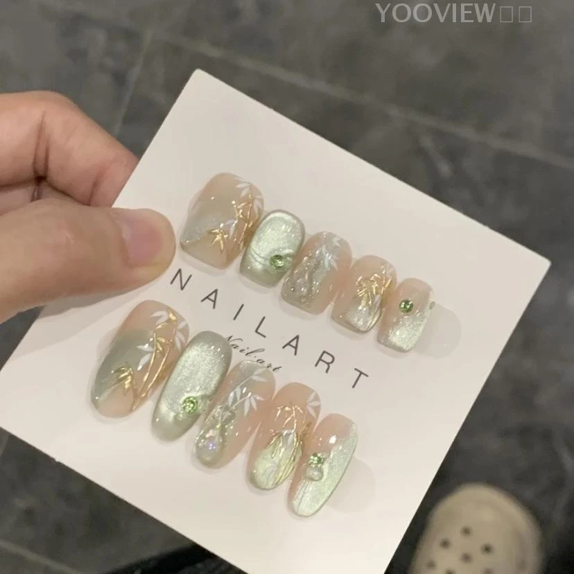 高级感穿戴甲片戴甲气质显白猫眼手绘竹子光疗甲高级感美甲假指甲