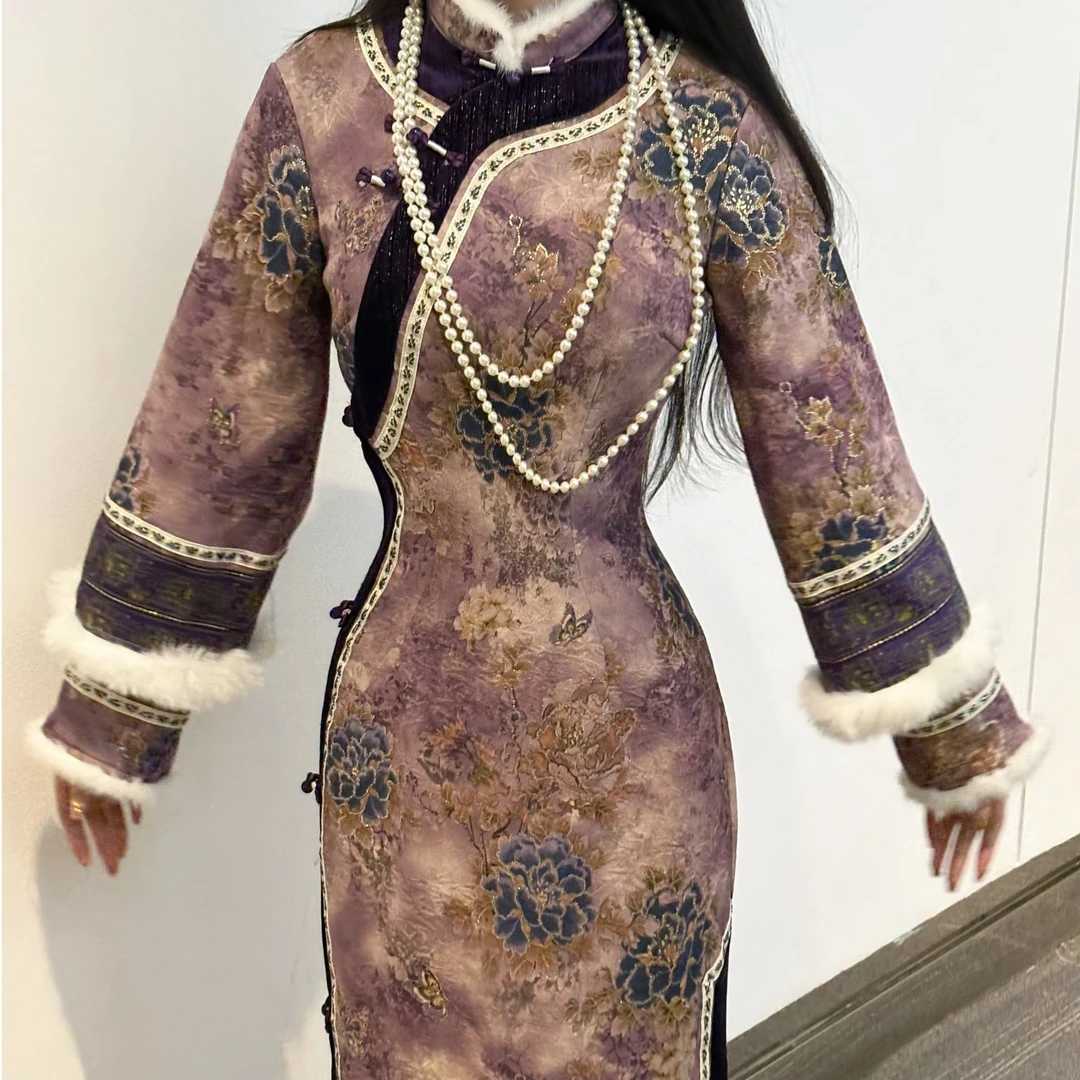 LHMknk1画报夫人原创自制新中式国风清宫改良旗袍连衣裙紫色芳华