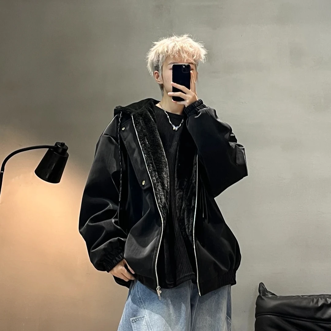 DISOREBING连帽皮衣夹克男美式休闲外套宽松秋季新款情侣百搭上衣