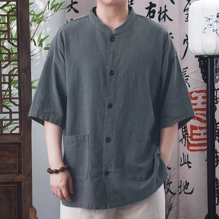 夏季新款国风棉麻男士短袖衬衣中式复古立领休闲衬衫宽松百搭上衣