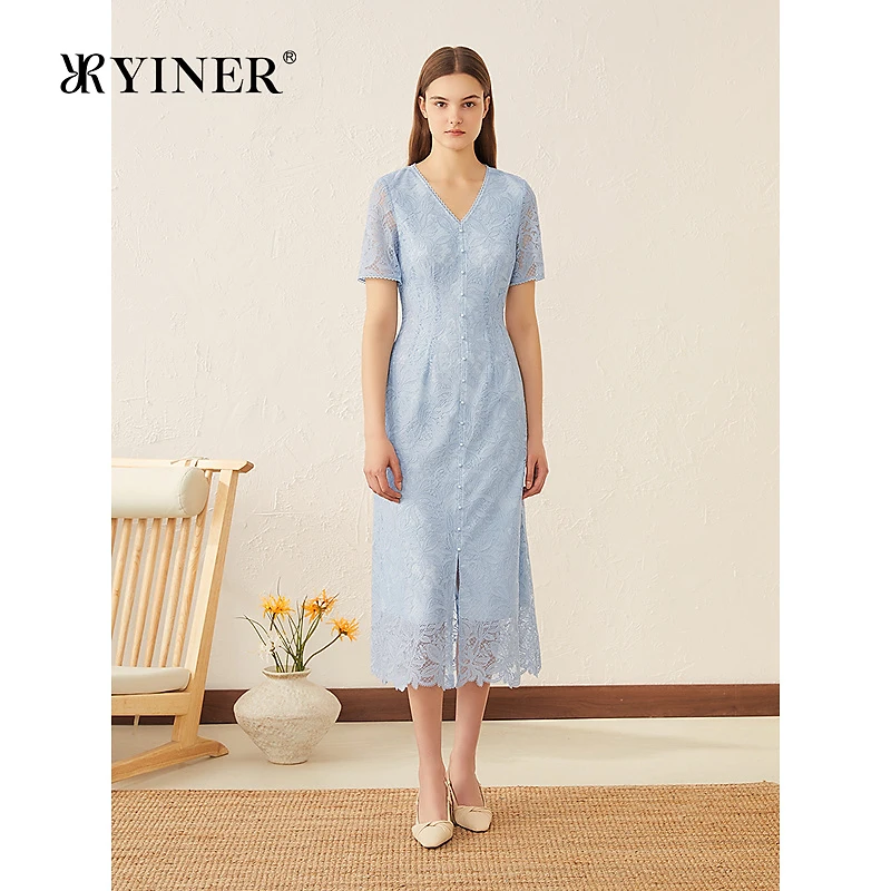 YINER音儿专选2025夏季新款法式V领蝶恋花蕾丝花边微收腰连衣裙