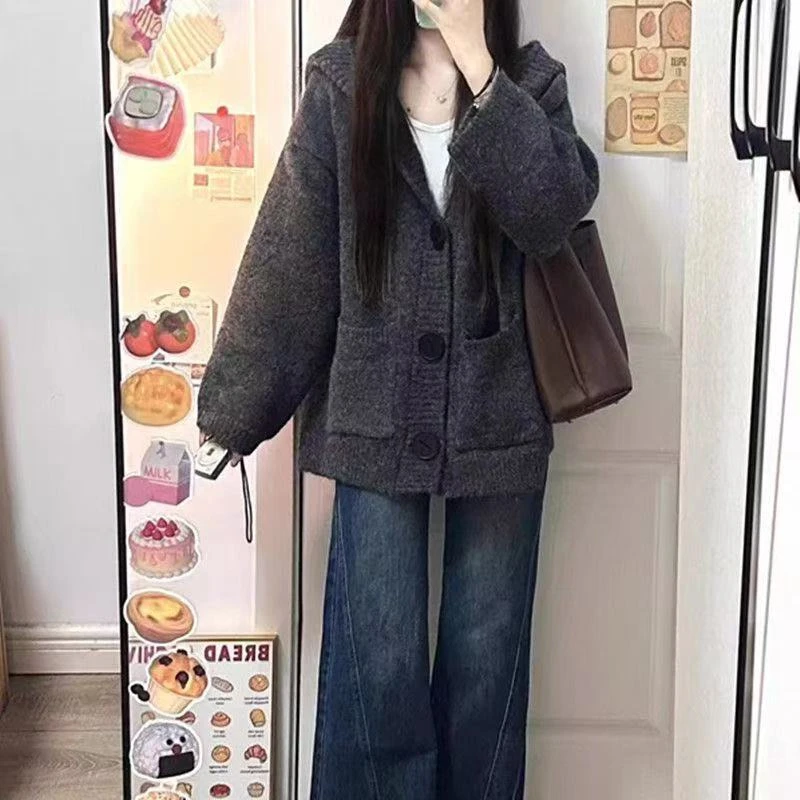连帽001-093-101编码宽松慵懒风针织开衫女春秋软糯纯色长袖
