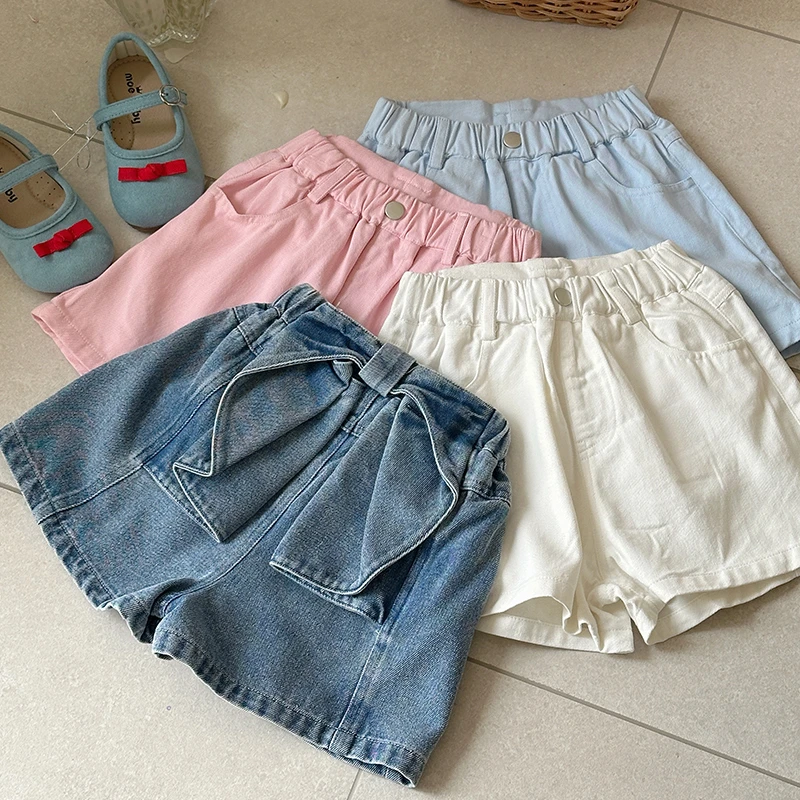 【橘子家】女童牛仔短裤新款夏季儿童洋气蝴蝶结纯色裤子HS62271