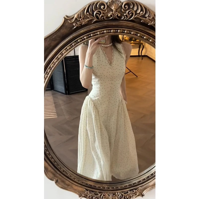 波点v领收腰气质蕾丝无袖连衣裙2025夏季网红时尚炸街新款女装