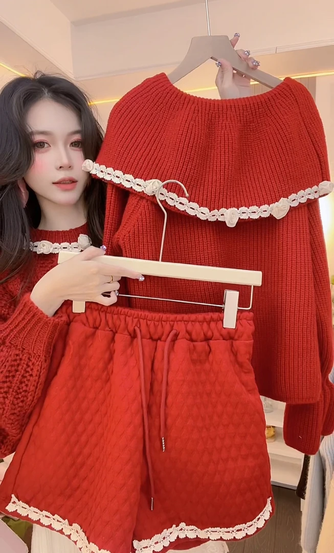 【红色大翻领】毛针织衫蕾丝气质洋气甜美显瘦网红设计感复古韩版