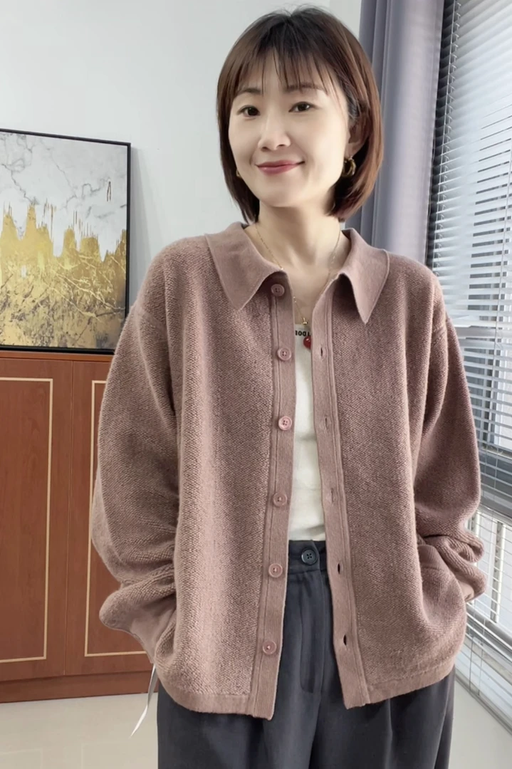 纯山羊绒毛圈衬衫翻领外套开衫