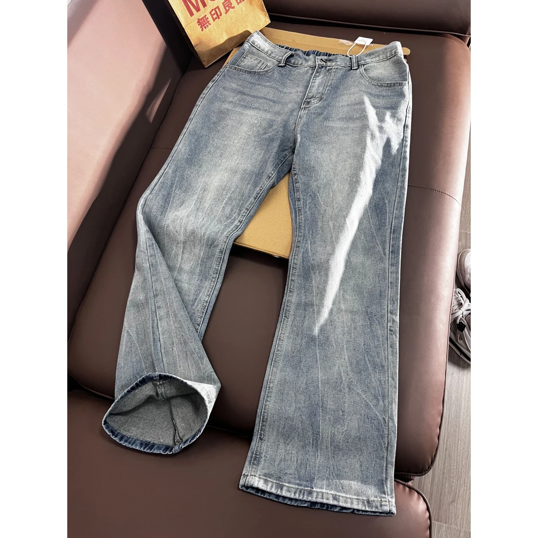 美式高街水洗竹节纹微喇牛仔裤男款秋季cleanfit潮牌痞帅直筒裤子