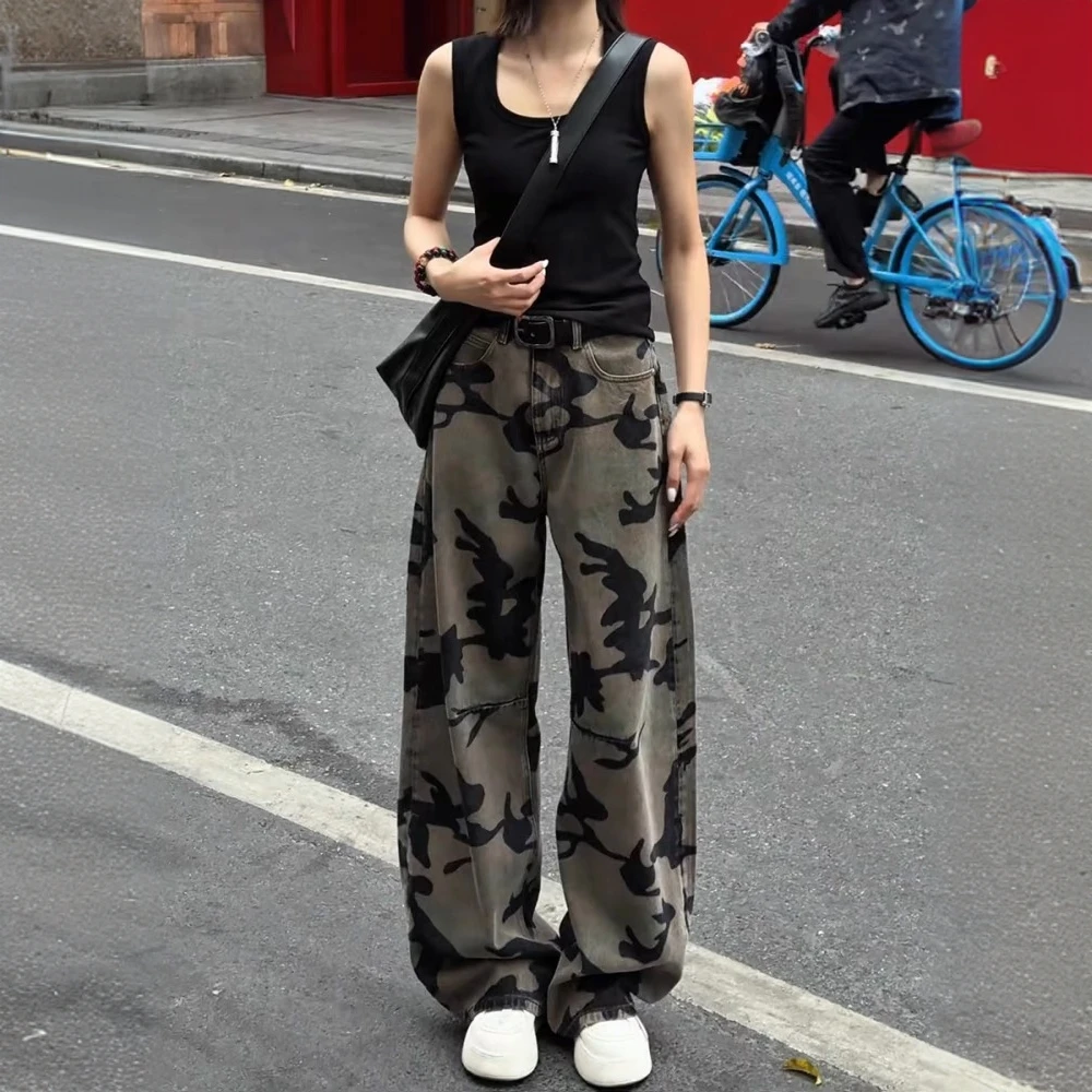 美式高街迷彩工装阔腿牛仔裤女2025夏季新款宽松显瘦垂感直筒裤子