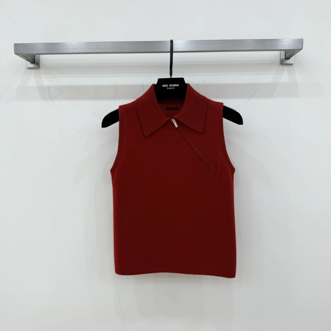 JIAYE CHAN 时尚洋气轻奢polo领斜拉链红色背心上衣
