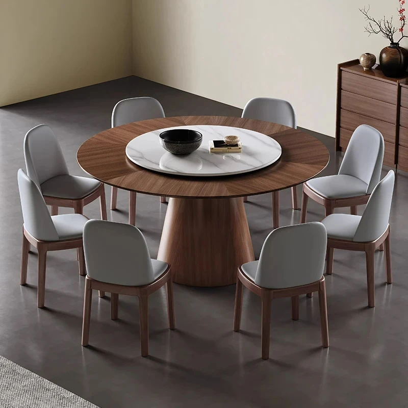 黑胡桃木实木餐桌椅组合简约家用小户型大圆桌带转盘圆形吃饭桌子