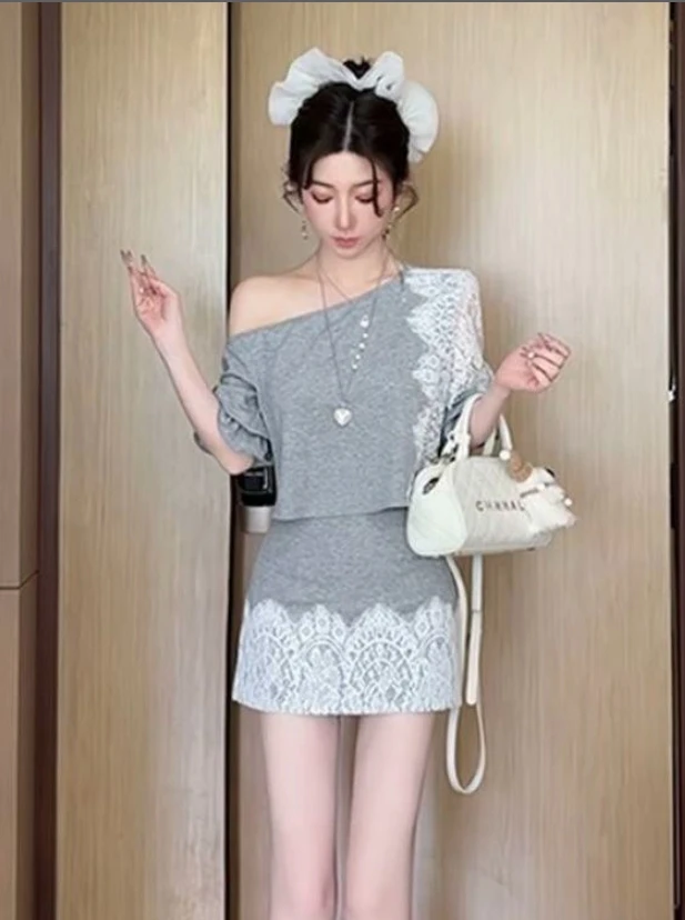 2025夏季新品韩版设计感露肩蕾丝拼接上衣蕾丝短裙时尚网红两件套