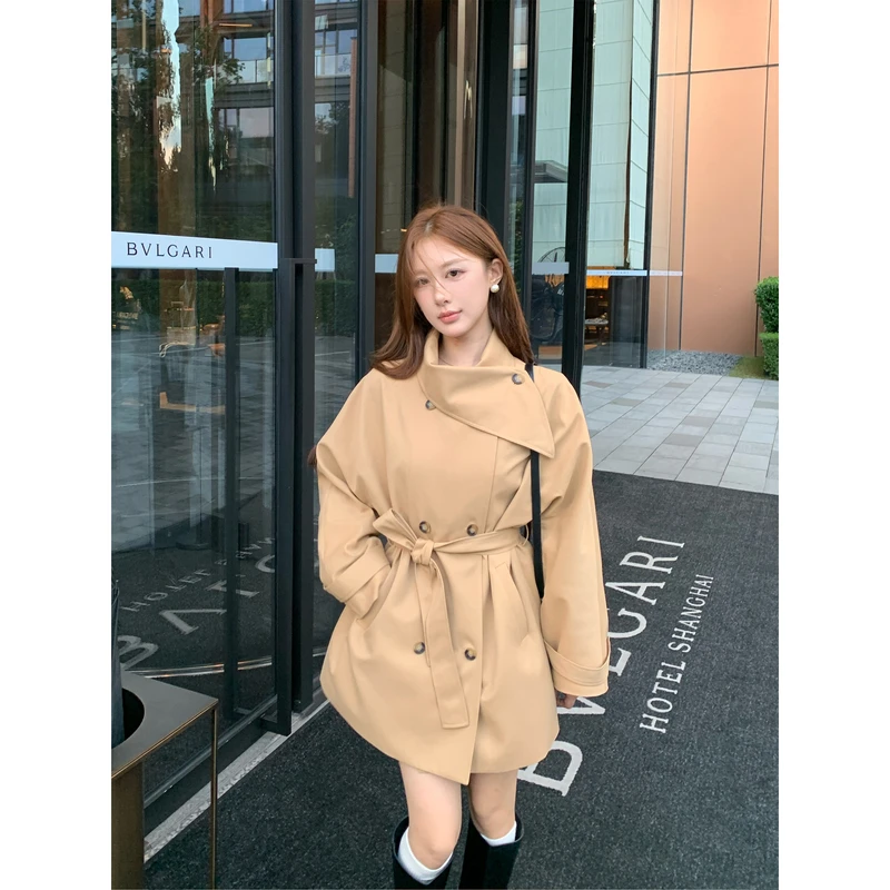 夏天家英伦风双排扣围脖领系带收腰中长款风衣外套女小个子早秋季