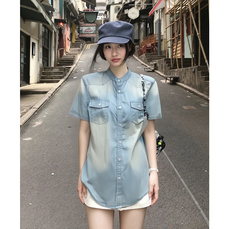 J7IIS129#夏季女士牛仔衬衫休闲衬衣莱赛尔水洗牛仔上衣时尚