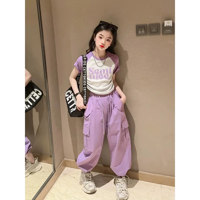 女童夏季套装洋气时髦百搭字母抽绳短袖裤子中大童网红夏款两件套