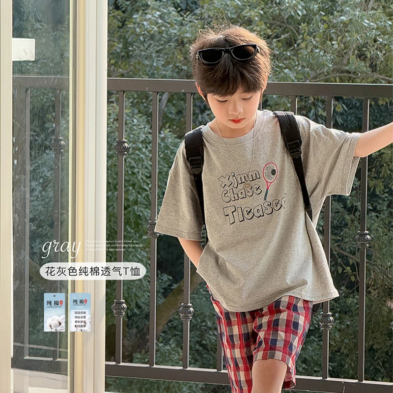 虾酱麻麻男童纯棉短袖t恤夏装2025新款运动上衣字母印花儿童体恤