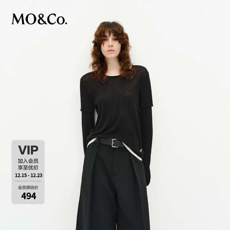 MOCO针织衫2025春新品轻暖绵羊毛假两件设计感黑色软糯MBE1SWT028