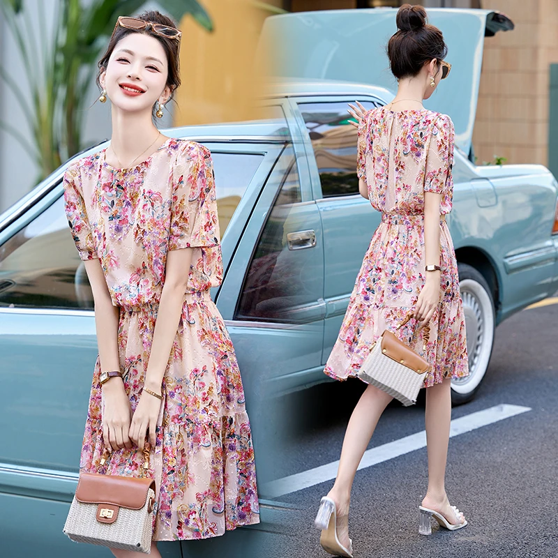 欧若风连衣裙洋气高档衣服女装夏季时尚收腰显瘦碎花气质中长裙子