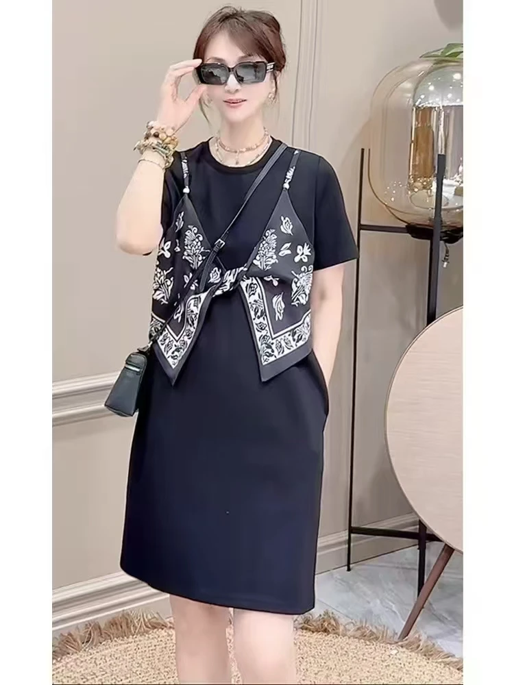 韩版时尚圆领短袖拼接气质时尚显瘦蝴蝶结假两件减龄大衫