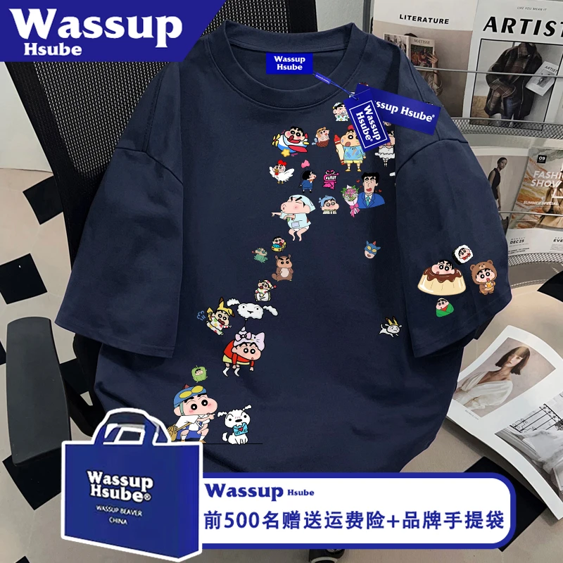WASSUP HSUBE创意小新印花短袖ins美式夏T恤藏青纯棉男女同款上衣