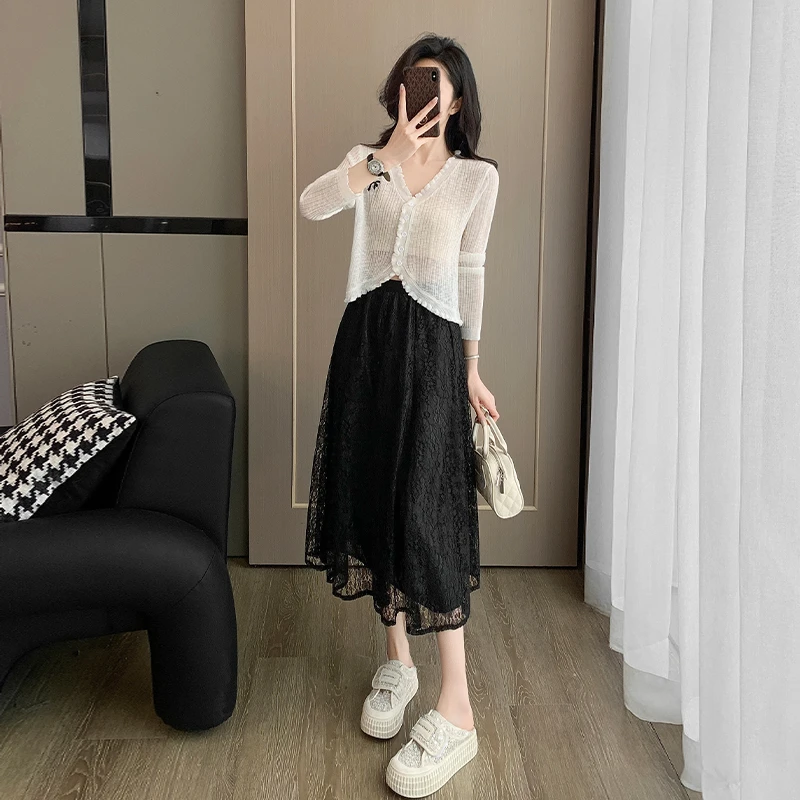 2025新款爆款洋气防晒衫针织长袖开衫上衣时尚垂感黑色蕾丝半身裙