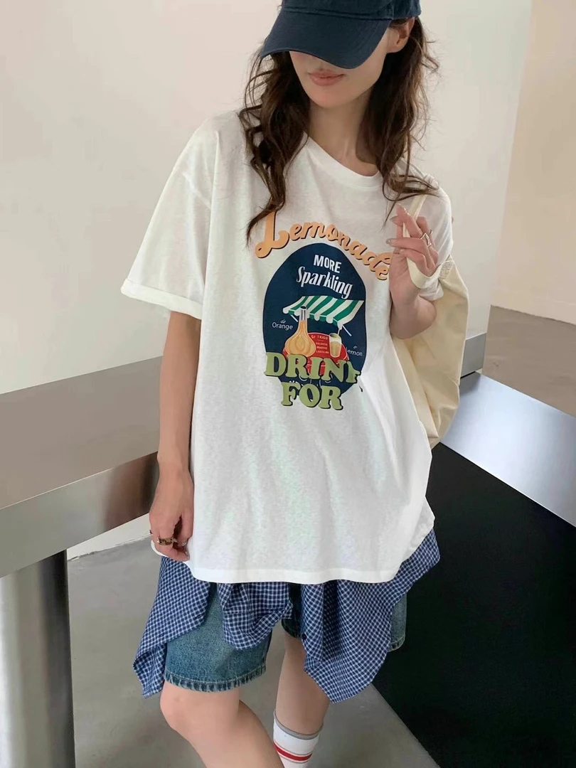 CC2786字母印花短袖T恤时尚2025夏季卡通圆领宽松